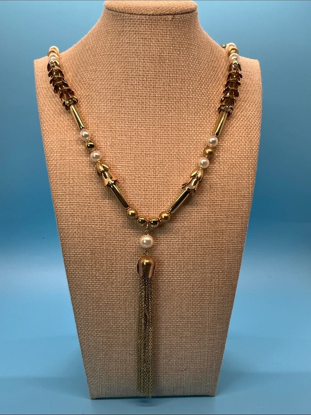 Erica Lyons Gold and White Pearl Tassel Necklace